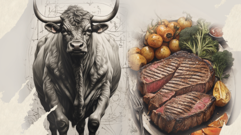 An illustration of a cow and a steak for the Gate to Plate flyer